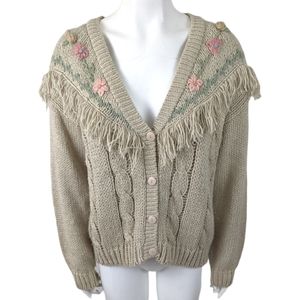 Vintage 80s Fringe Cable Knit Cardigan Sweater Womens M Oversized Crochet Floral